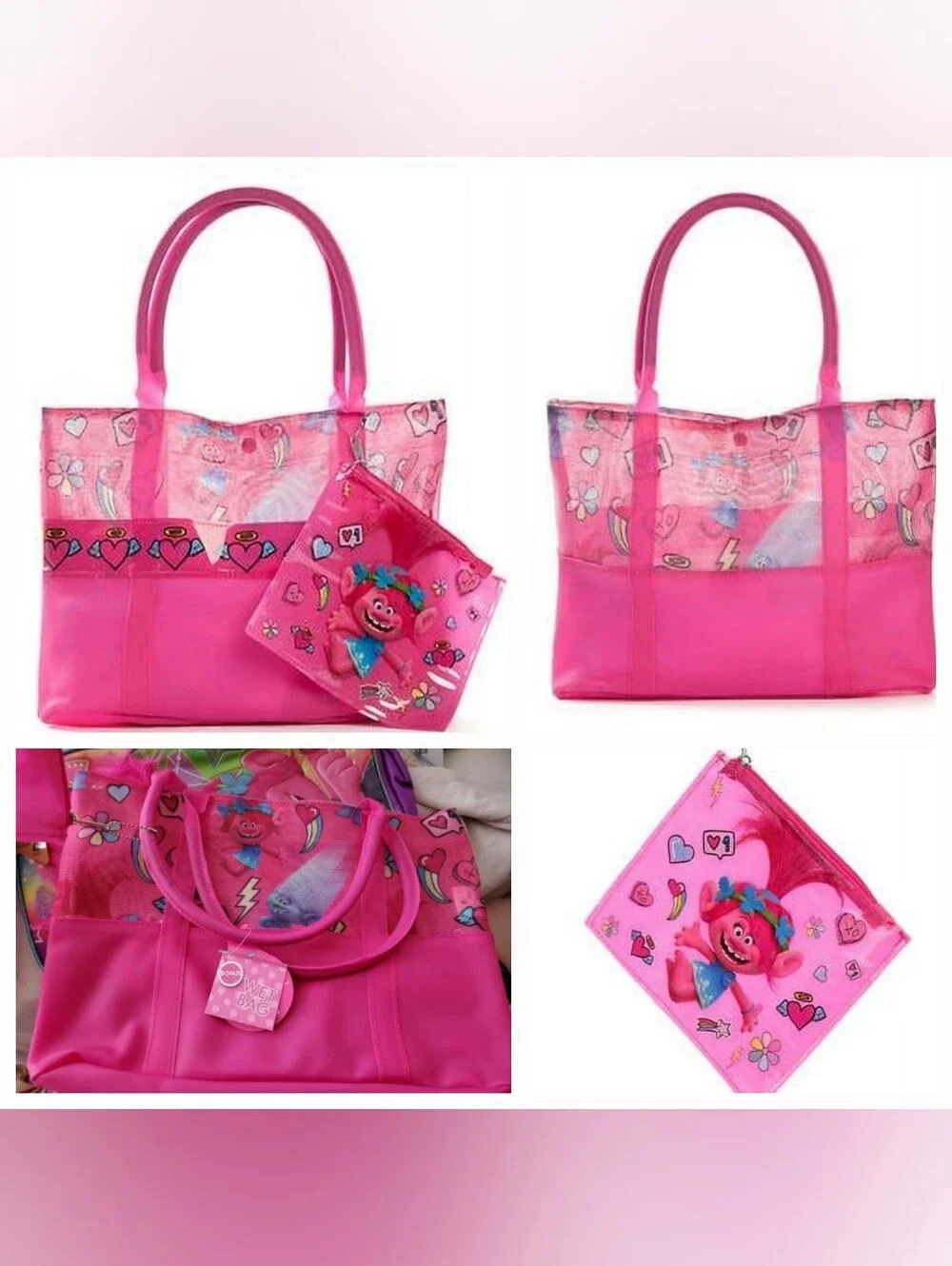 Trolls  Poppy Tote Bag with Matching Wet Bag Zipper Pouch. Pink. Pvc Wipe Clean.